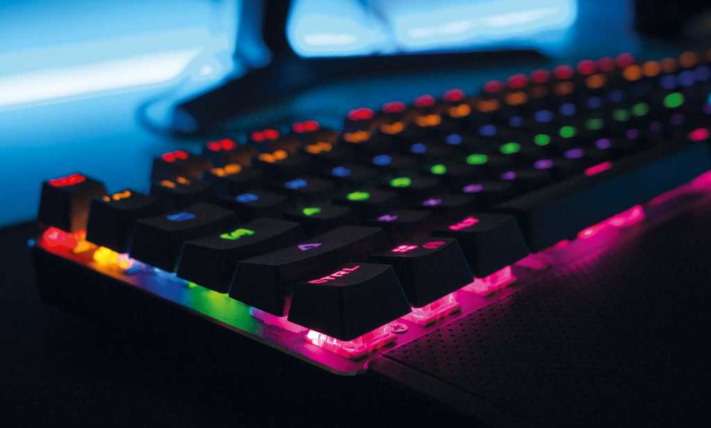 Close-up of a colorfully illuminated keyboard