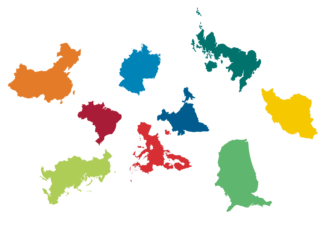 Outlines of different countries from maps arranged like islands