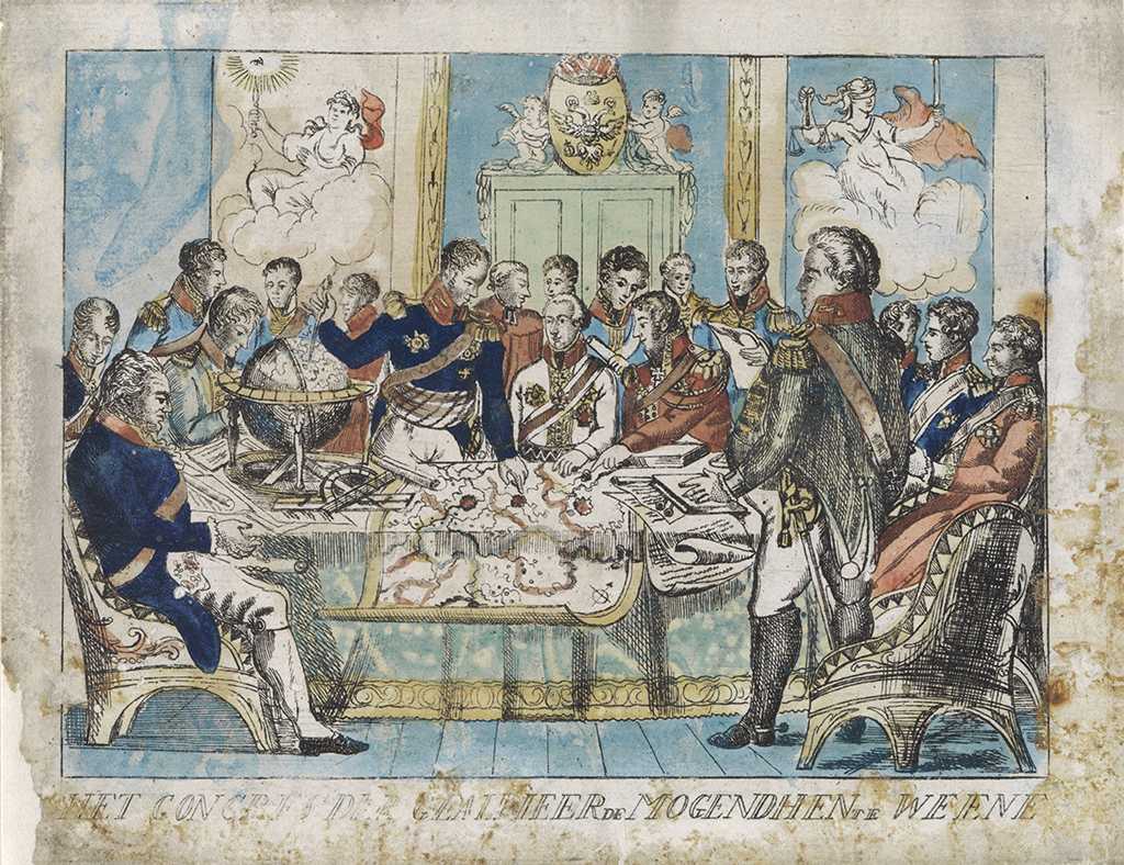 Gemälde der Beratungen auf dem Wiener Kongress, 1815. Diplomaten versammeln sich um einen Tisch, auf dem eine große Landkarte liegt. An der Wand zwei allegorische Gemälde.