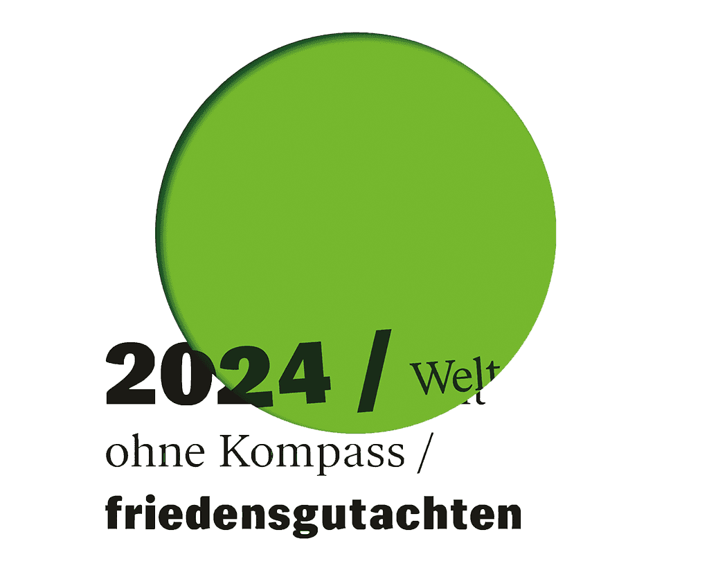 Cover des FGA: Ein grüner Punkt mit Schriftzug: 2024 Welt ohne Kompass / friedensgutachten.