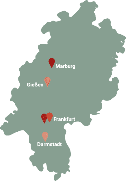 map of Hesse with pins in Marburg, Gießen, Frankfurt and Darmstadt